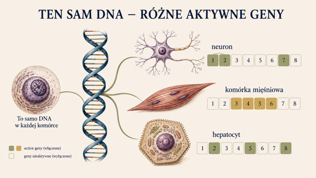 Różna aktywność genów w neuronie, komórce mięśniowej i hepatocycie mimo obecności tego samego DNA.